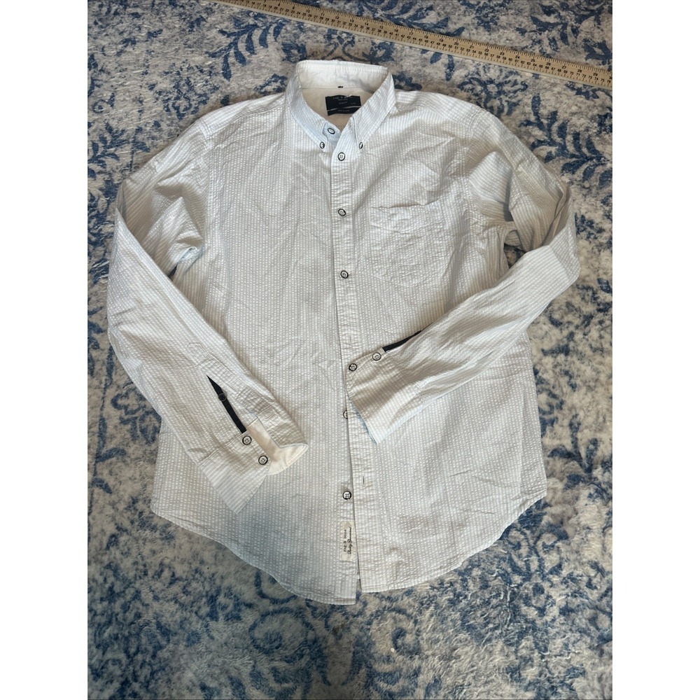 Rag & Bone Shirt Mens L Light Blue Seersucker Button Up Camp Collar Casual Slim